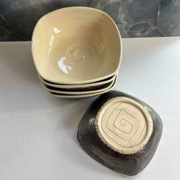 Studio Art Pottery Brown Square Shaped Bowls Stoneware Handmade Set of 5 - Picture 3 of 10